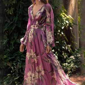 Robe de soirée violette, col en V, manches longues, imprimé floral, pour femmes, tenue de bal, de vacances, de plage, nouvelle collection été 2021