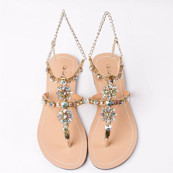 Été femmes mode diamant sandales décontracté plage brillant Boho chaussures Femal T-strap string tongs pantoufles grande taille 240309