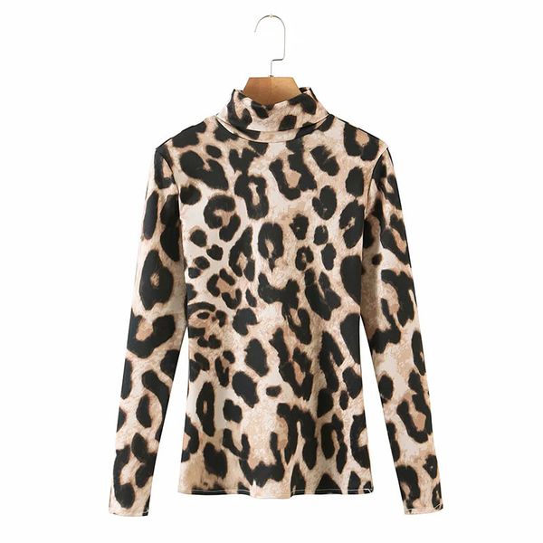 Verano mujer moda sexy leopardo hueco espalda camiseta femenina cuello alto y mangas largas chic top 210520