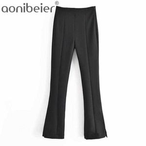 Été femmes Flare pantalon mode décontracté côté fermeture éclair noir femme pantalons longs ourlet fendu taille haute maigre 210604