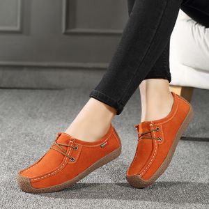 Mocassins en cuir Orange pour femmes, chaussures d'été plates, à la mode, décontractées, confortables, de marche, en daim, grande taille