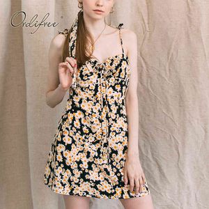 Été femmes Floral Mini robe d'été Vintage fleur imprimer à lacets robe courte Sext 210415