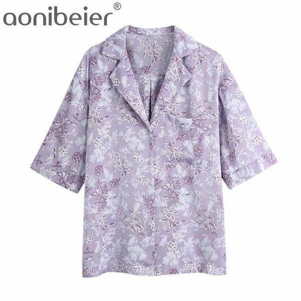 Été femmes imprimé fleuri violet chemise femme col tailleur à manches courtes Blouse décontracté dame hauts amples 210604