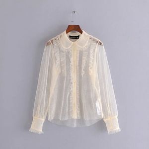 Summer Femme French Sexy Mesh See-Through Doll Collar Ruffled Tulle Blouse Shirt Feme Feme Top 210520