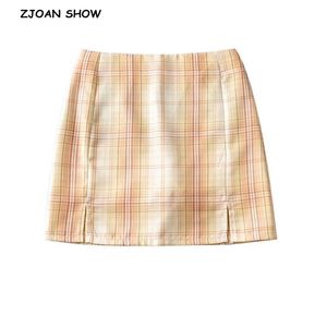 Femmes d'été Front Split Plaid Mini jupe avec sous shorts Vintage Double Slit Package Hips Gingham Jupes courtes 210429