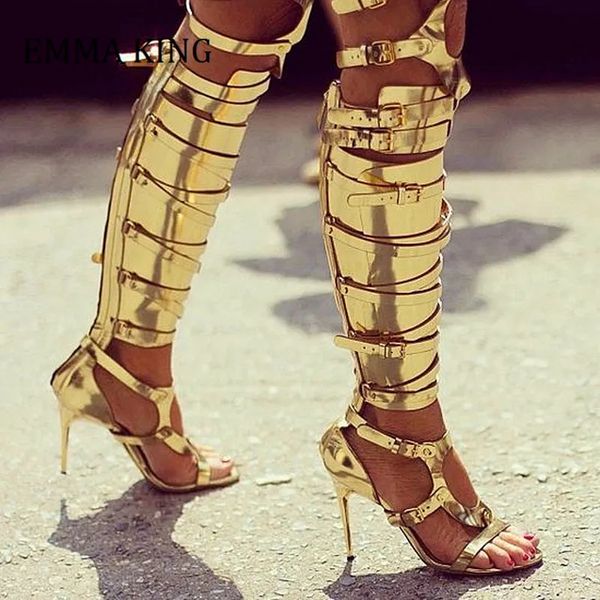 Summer Femmes Golden Silver Buckles Knight Boots Thin High Heels Femme Bot Sandals Ladies Hollow Out Gladiator Dress Chaussures Femme 240227