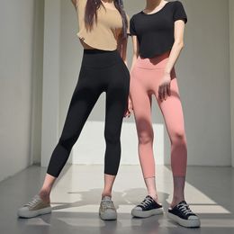 Mujeres de verano pantalones elásticos de la cintura alinean pantalones de yoga ejercicio de estiramiento leggings corriendo deportivo fitness leggings recortados entrenamiento gimnasio de gimnasio