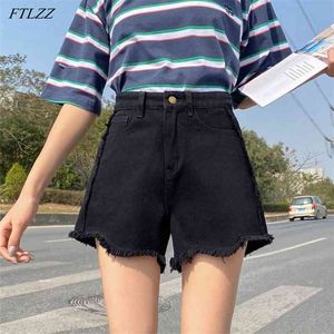 Zomer vrouwen hoge taille losse witte denim shorts casual vrouwelijke brede been gat streetwear zwarte jeans 210430