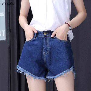 Été femmes taille haute jambe large Denim Shorts décontracté femme couleur unie trou jean grande taille 2xl noir blanc 210430