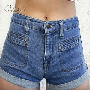 Pantalones vaqueros de verano para mujer, cintura alta, a la moda, con bolsillo azul, ropa de calle, pantalones cortos de mezclilla ajustados sexys 210415