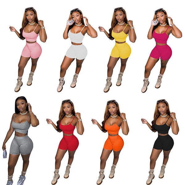 Summer Women jogger suits outfits plus size 2XL chándales sin mangas tank top crop top + shorts color sólido conjunto de dos piezas casual blanco negro ropa deportiva 4826