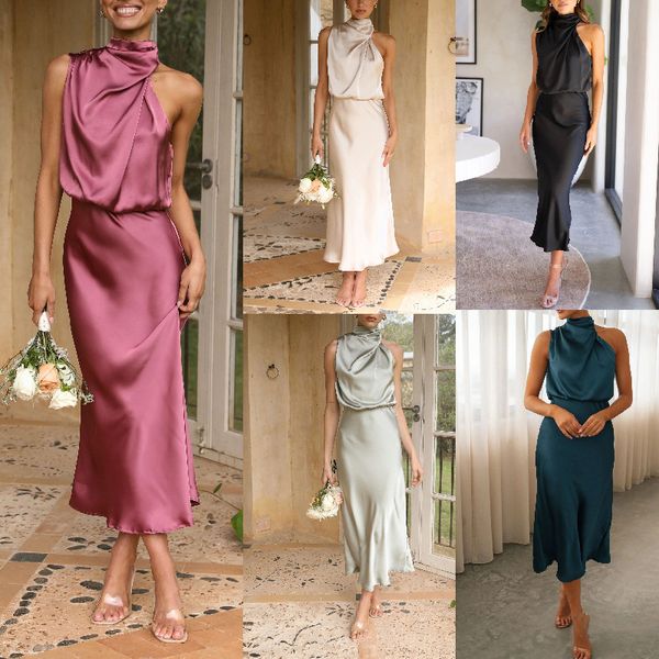 Été femmes pull printemps robe sexy lumière mature tempérament femmes sans manches cou large jambe baggy bavoirs suspendus couleur unie robe en satin barboteuses mariage habillé