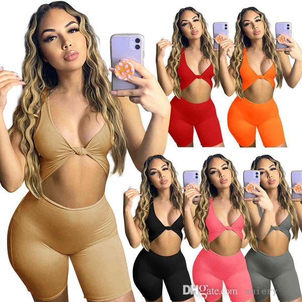 Été Femmes Combinaisons Sexy Low Cut Halter Couleur Unie Sans Manches Gilet Shorts Sport Barboteuses Club Serré Mode Salopette Pantalon Plus La Taille