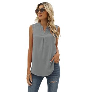 Verano mujer encaje tanques Tops cuello en V plisado en la parte delantera suelta Camis Casual sin mangas chaleco Top blusa camisas