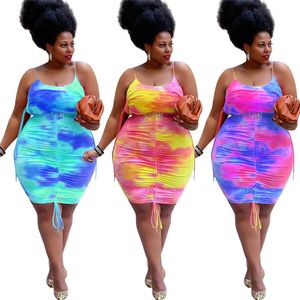 Été Femmes Grandes Robes Plus La Taille Jarretelles Vêtements De Mode Tie Dye Impression Col Rond Robe Midi Sexy Cordon Jupe Plissée XL-4XL