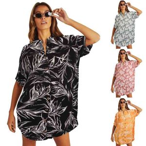 Zomer vrouwen lange chiffon blouse floral kimono strand vest cover up badmode korte mouw shirts mini-jurk vrouwelijke tops 210603