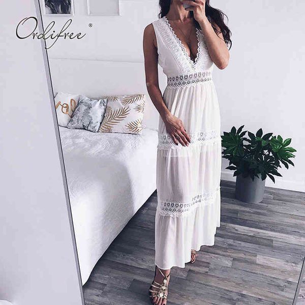 Été femmes longue en mousseline de soie sans manches Sexy dos nu dentelle blanche Crochet Maxi robe de plage 210415