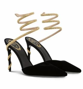 Été femmes Margot rouge velours sandale chaussures Renecaovilla cristal Strappy s'enroule autour du talon cheville dame fête robe de mariée talons hauts EU35-43 chaussures d'usine