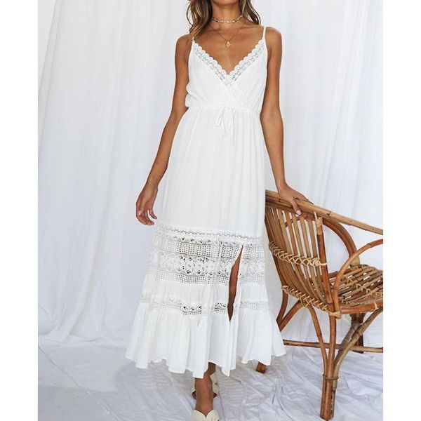 Été Femmes Maxi Sexy Spaghetti Strap Blanc Dentelle Crochet Lâche Split Longue Tunique Robe De Plage 210415