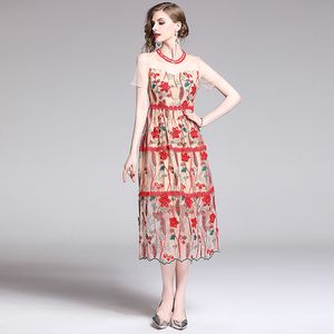 Zomer vrouwen mesh maxi jurk ronde kraag bloemen borduurwerk jurk elegante rode voering enkellange slanke partij lange jurk 210514