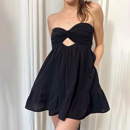 Summer Women Mini Dress Fashion Hollow Out Seaside Party Sleeveless Wrap Collar Sexy Backless Female Clothing S3XL 240513
