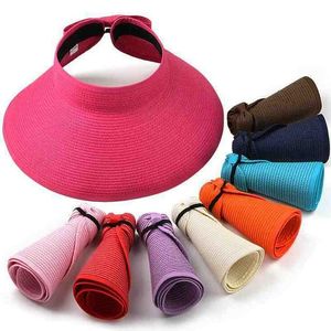 Zomer vrouwen brede rand hoeden vizier cap met strik opvouwbare strand hoeden draagbare strohoeden zonnehoed outdoor alpine cap