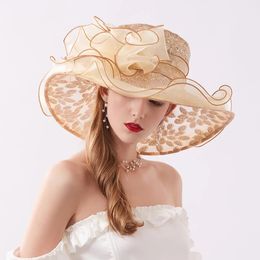 Verano mujeres organza ala ancha viaje sombreros para el sol flores elegantes damas boda iglesia fiesta sombreros sombrero 240309