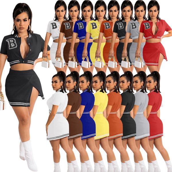 Trajes de verano para mujer vestido Conjuntos de dos piezas Chaqueta de béisbol Camisa Mini falda Conjunto a juego Vestidos de manga corta Trajes Chándales casuales al por mayor 6924