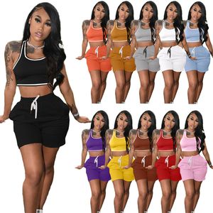 Été femmes tenues couleur unie survêtements jogger costume sans manches débardeurs + shorts 2 pièces ensemble plus la taille S-2XL sportswear décontracté noir fitness costumes 4893