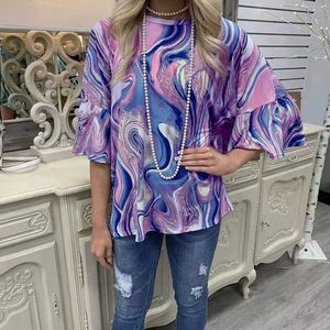 Zomer Dames Paisley Print Half Mouw T-shirt Casual Losse Onregelmatige Tie Dye O Neck Dames Tops Asymmetrische T-shirt 210608