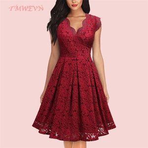 Zomer vrouwen feestjurk vintage v-hals mouwloze jurk kant elegante dames jurken met hoge kwaliteit kant (maat S op model) 220423