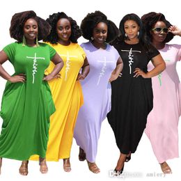 Zomer vrouwen plus maat lange maxi jurk ontwerper 2021 mode massieve kleurenletter bedrukte ronde nek korte mouw onregelmatige losse jurken l-5xl