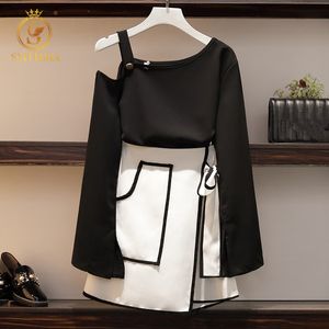 Zomer Dames Plus Size Slash Off Shoulder Blosau + elegante onregelmatige rok Suits Fashion Office Work Suit 210520