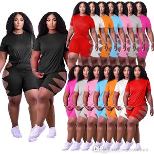 Zomer vrouwen plus size sport trainingspakken twee stukken broek outfits korte mouw t-shirt uitgehold knikken shorts elastische casual joggingpakken