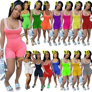 Summer Women Plus Size XS~3XL Jumpsuits Sleeveless Short Rompers Scoop Neck Strap Tracksuit Slim Solid Outfits Plain Jogger Suit One piece set Gym Clothes 4866