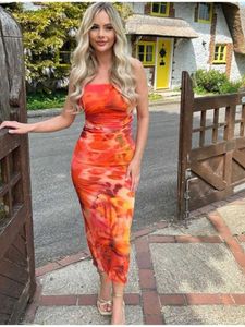 Zomer Vrouwen Print Tulle Strapless Midi Jurk Mode Backless Mouwloze Bodycon Jurken Chic Borst Wrapping Geplooide Strand Vestido