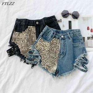 Été femmes Punk Style Rivet bleu Denim Shorts Streetwear femme large jambe trou gland taille haute noir jean 210430