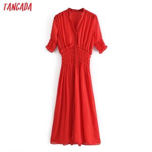Zomer vrouwen rode ruches shirt strethy taille korte mouw dames lange jurk vestidos 3h247 210416