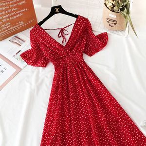 Zomervrouwen hebben chiffon jurk met korte mouwen met korte mouwen gegolfd V-hals hoge taille bloemenprint strand Midi-jurken Backless Sexy Vestidos