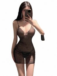 Été Femmes 2023 Nouveau Sexy Sparkling Diamd Transparent Slim Sling Dr Spicy Girl Fi Deep V Wrap Hip Dr MEJI T2TS #