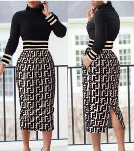 Summer Femme's Casual High Coued Split Waistband Emballe Hip Robe Business Office Ol Style Bodycon Long Sleeve Crayon Robes de mode Jupe pour filles Lady