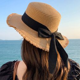 Zomer Women's Casual Soft Fur Sun Hat met Satin Beach Sun Cap Tassels Dames kanten boog grasmutsen