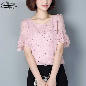 Zomer vrouwen chiffon blouse mode plus size 5XL polka dot tops vrouwelijke casual shirt kleding roze wit shirt 210527