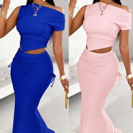 Zomer dames kleding nieuw product vaste kleur enkele schoudertop met taille cinched geplooide lange rokset f5838