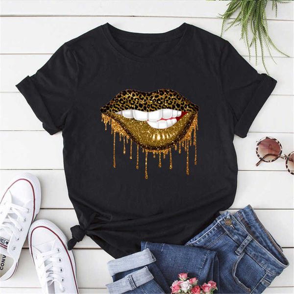 Camiseta de manga corta suelta con cuello redondo y estampado de labios rojos a la moda para mujer de verano