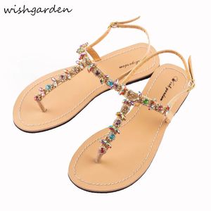 Zomer dames plat strand stralende strass sandalen dame bohemia diamant t-riem strikschoenen slippers slipper plus size 240402