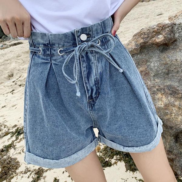 Été femmes jean Shorts à lacets Denim solide 2022 femme taille haute bref mince décontracté jambe large pantalon court gris bleu