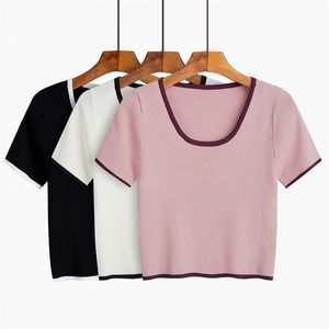 Zomer Dames Gebreide T-shirt Tops Koreaanse Retro Sexy Roze Wit O-hals Korte Knit Tees Dames GD352 210506
