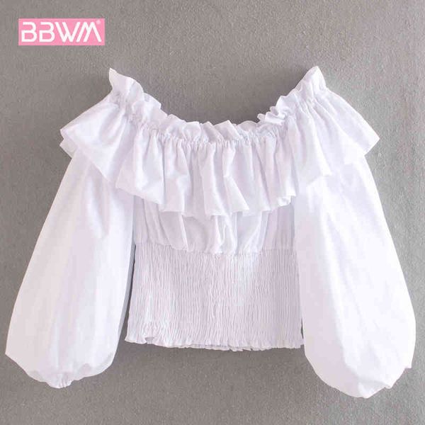 Chemisiers une ligne d'été pour femmes avec manches bouffantes Chemise blanche en popeline rétrécie croquante Femme Sexy Fille Chemise taille courte 210507