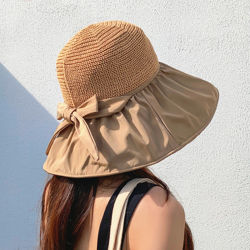 Summer Women's Outdoor Black Rubber Sunshade Hat UV Resistant Large Brim Foldbar Fisherman's Hat Bow Shaped Face Blocking Sunscreen Hat